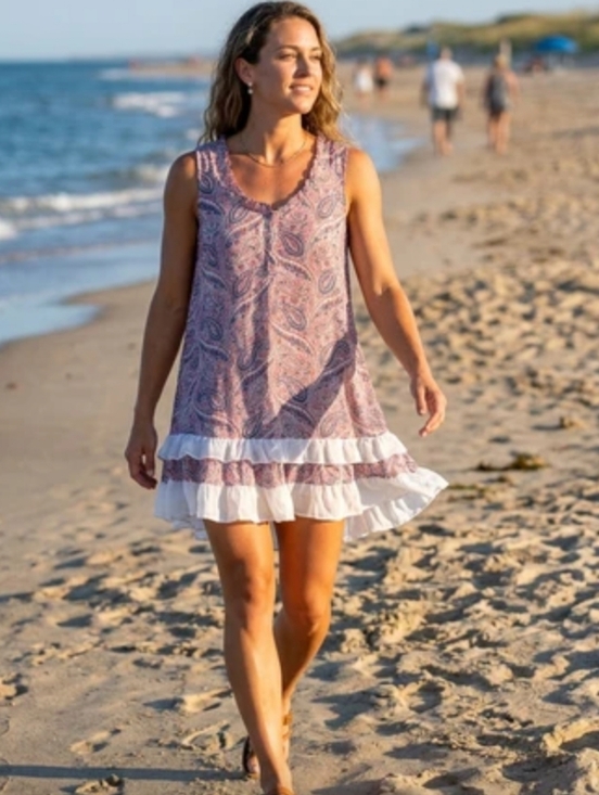 Papillon Blanc Dresses & Skirts - Papillon Pink and Blue Paisley Print Sleeveless Ruffle Shift Summer Dress L